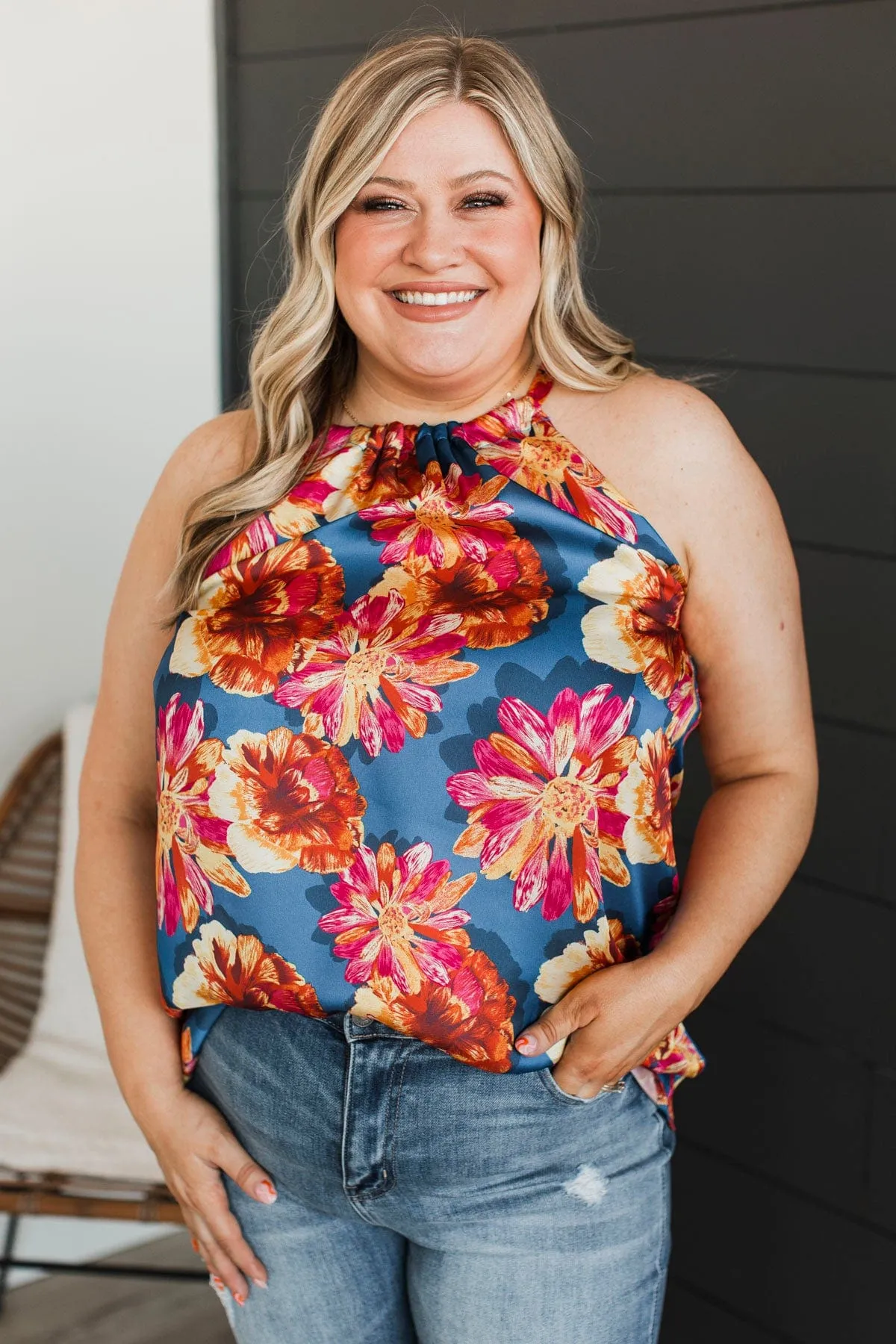 Soaring Above The Clouds Floral Tank Top- Navy