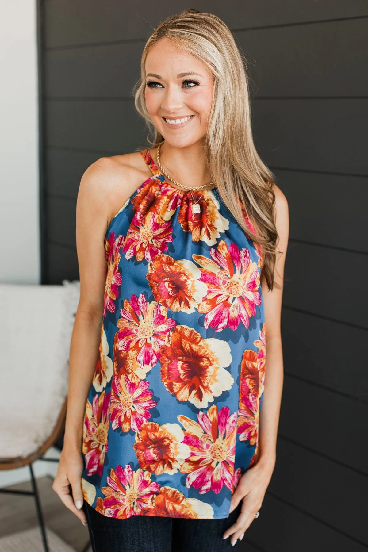 Soaring Above The Clouds Floral Tank Top- Navy
