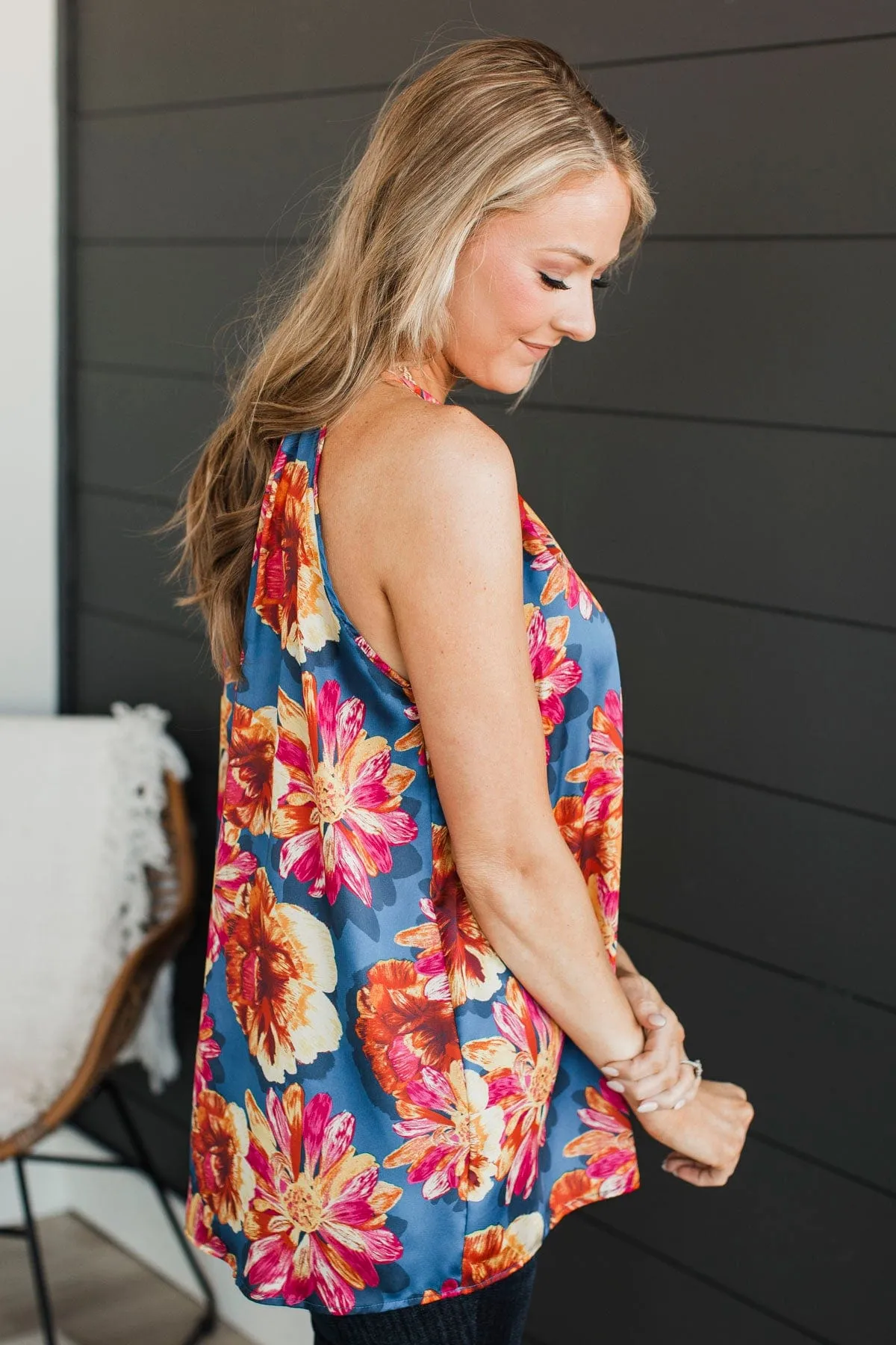 Soaring Above The Clouds Floral Tank Top- Navy