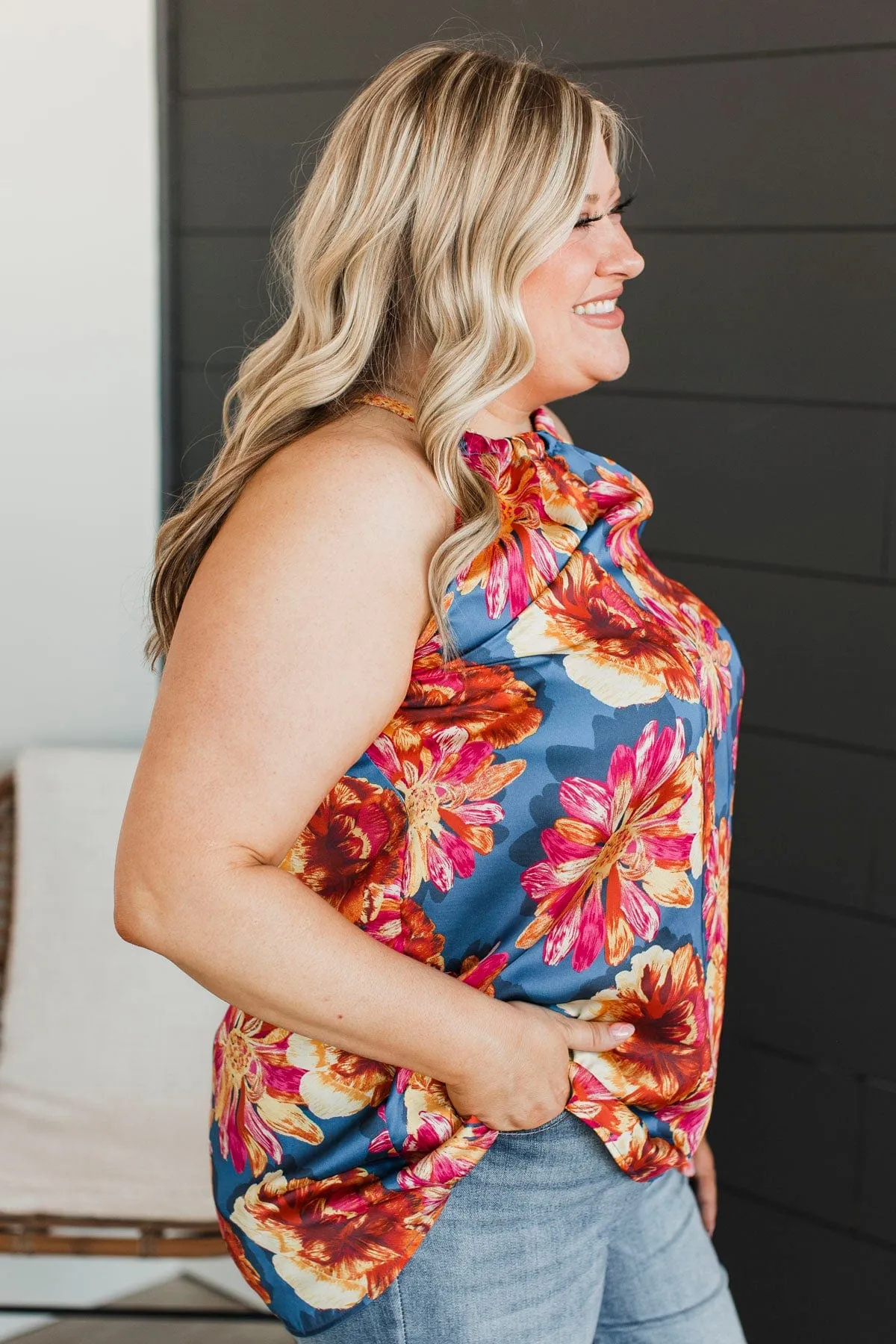 Soaring Above The Clouds Floral Tank Top- Navy