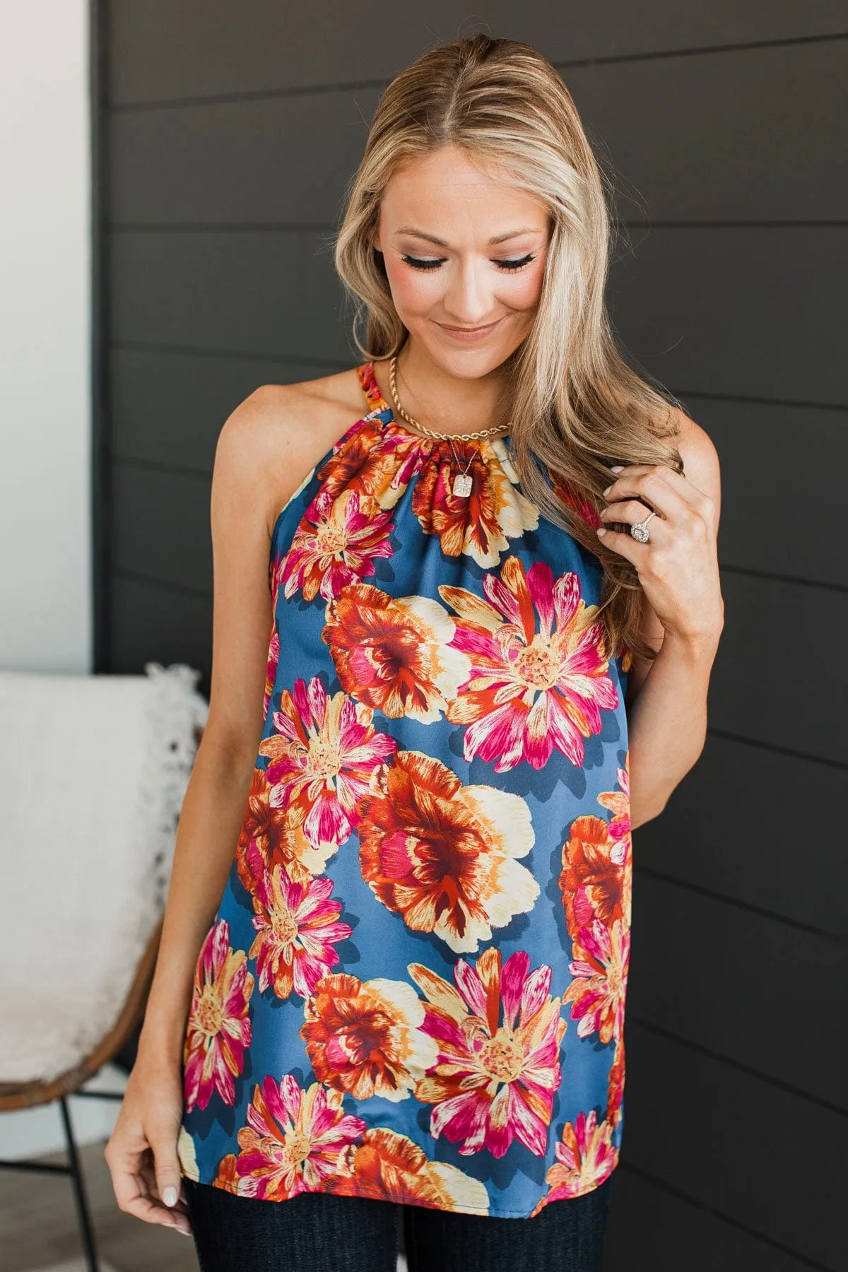 Soaring Above The Clouds Floral Tank Top- Navy