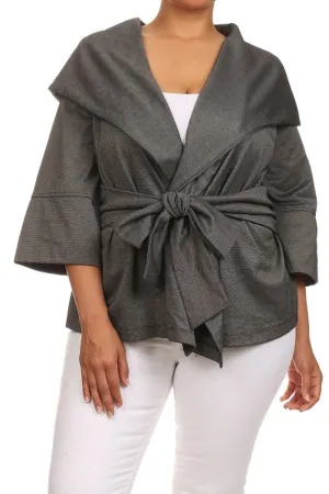 Solid Grey Quarter Sleeve Plus Size Hooded Knit Wrap Jacket