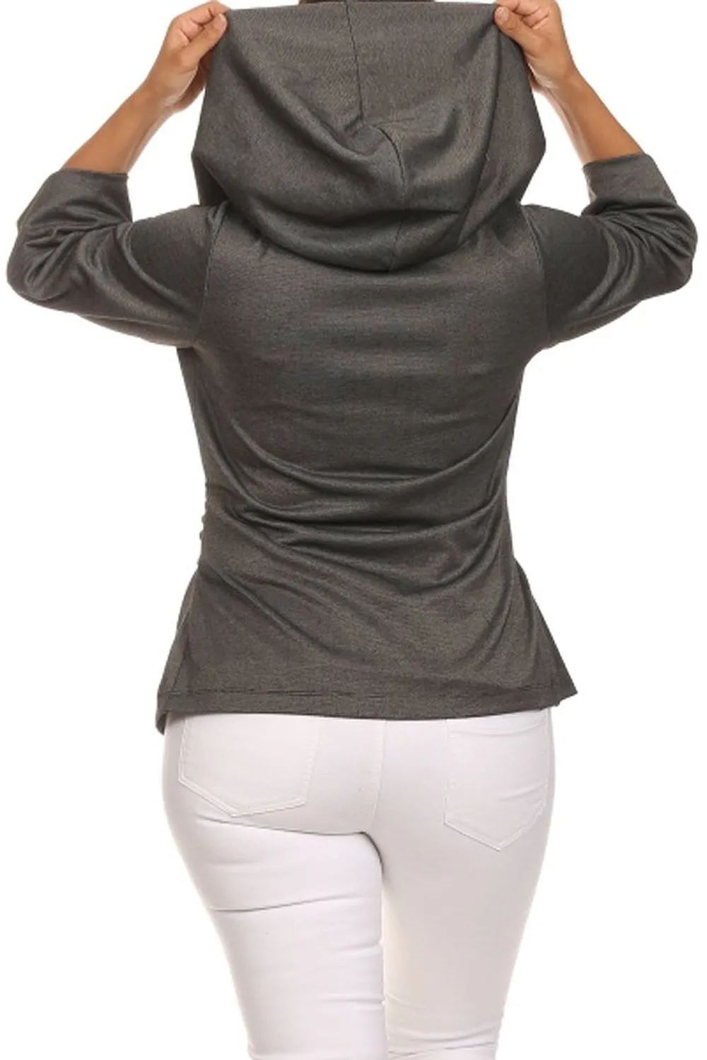 Solid Grey Quarter Sleeve Plus Size Hooded Knit Wrap Jacket