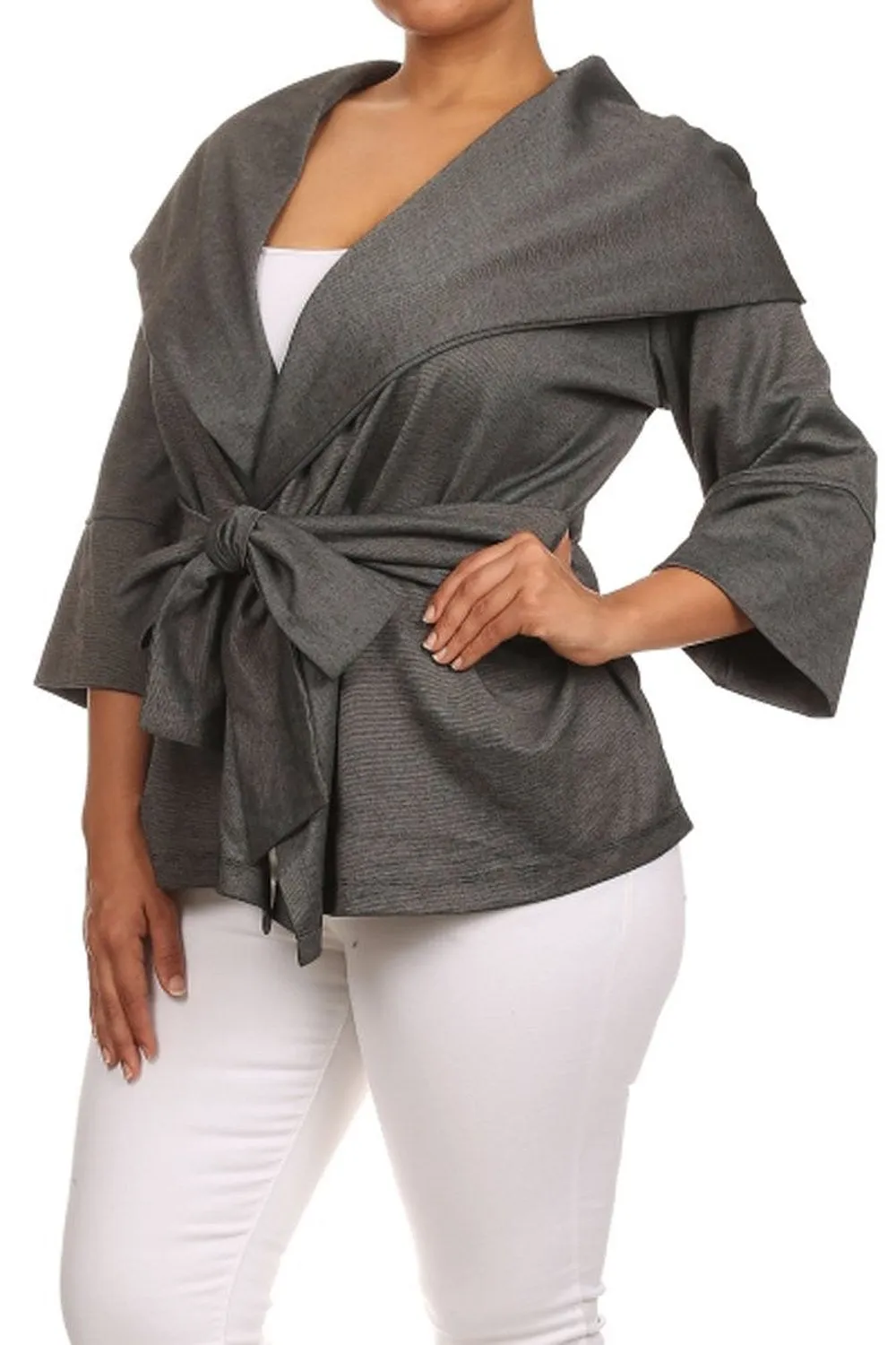 Solid Grey Quarter Sleeve Plus Size Hooded Knit Wrap Jacket