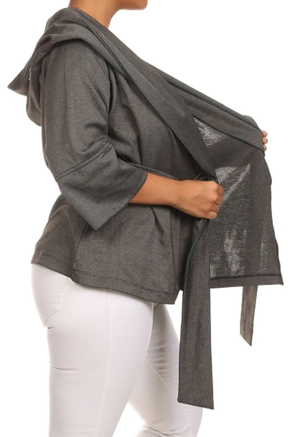 Solid Grey Quarter Sleeve Plus Size Hooded Knit Wrap Jacket