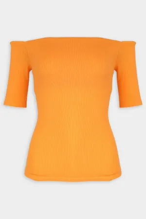 Stretch Knit Half Sleeve Off-Shoulder Top in Nectarine