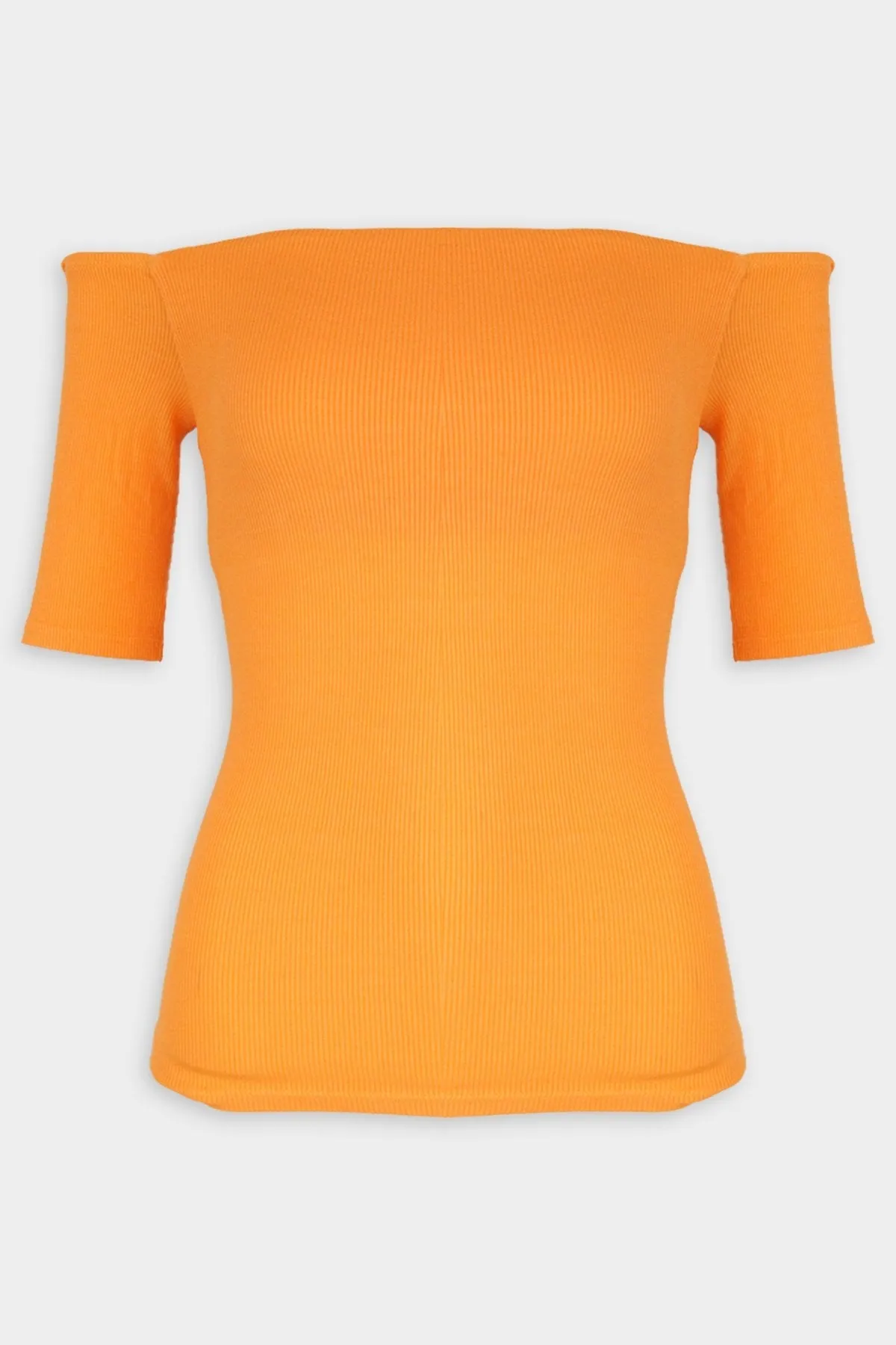 Stretch Knit Half Sleeve Off-Shoulder Top in Nectarine