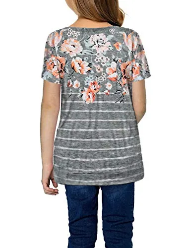 Striped Flower Print Colorblock T-Shirt (Girls, Short Sleeve, Sweat, Cute Twist, Gray, Size 12-13)