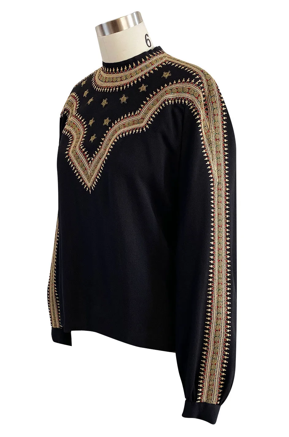 Stunning 1940s Black Silk Crepe Top w Extensive Hand Embroidered Neckline & Sleeves