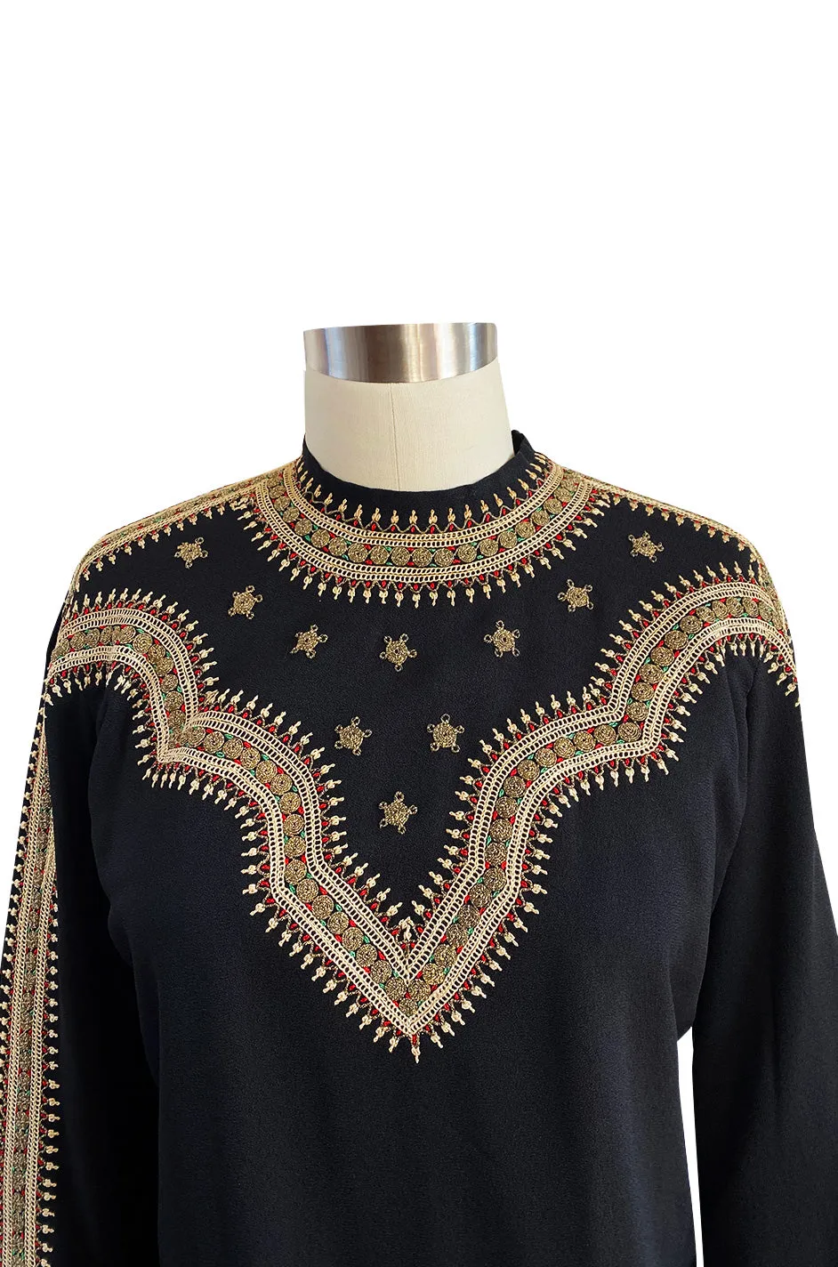 Stunning 1940s Black Silk Crepe Top w Extensive Hand Embroidered Neckline & Sleeves