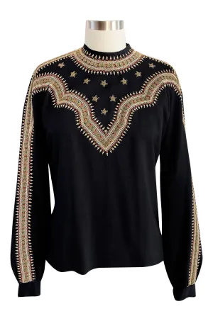 Stunning 1940s Black Silk Crepe Top w Extensive Hand Embroidered Neckline & Sleeves