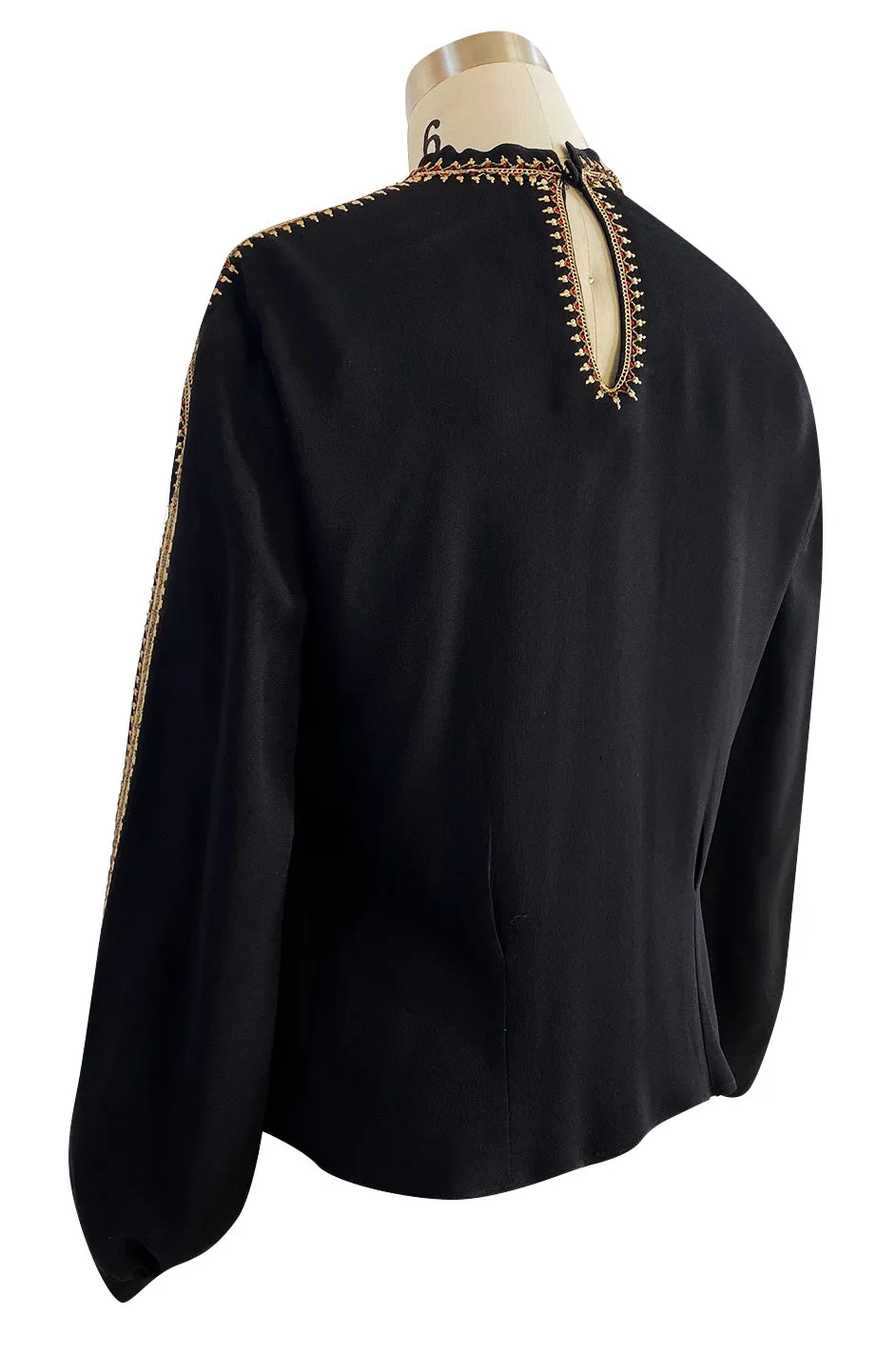 Stunning 1940s Black Silk Crepe Top w Extensive Hand Embroidered Neckline & Sleeves