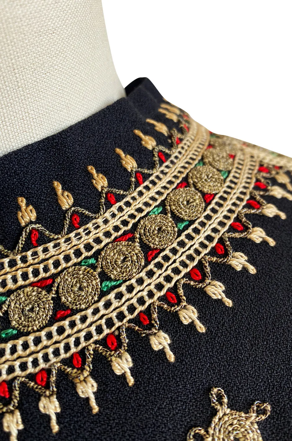 Stunning 1940s Black Silk Crepe Top w Extensive Hand Embroidered Neckline & Sleeves