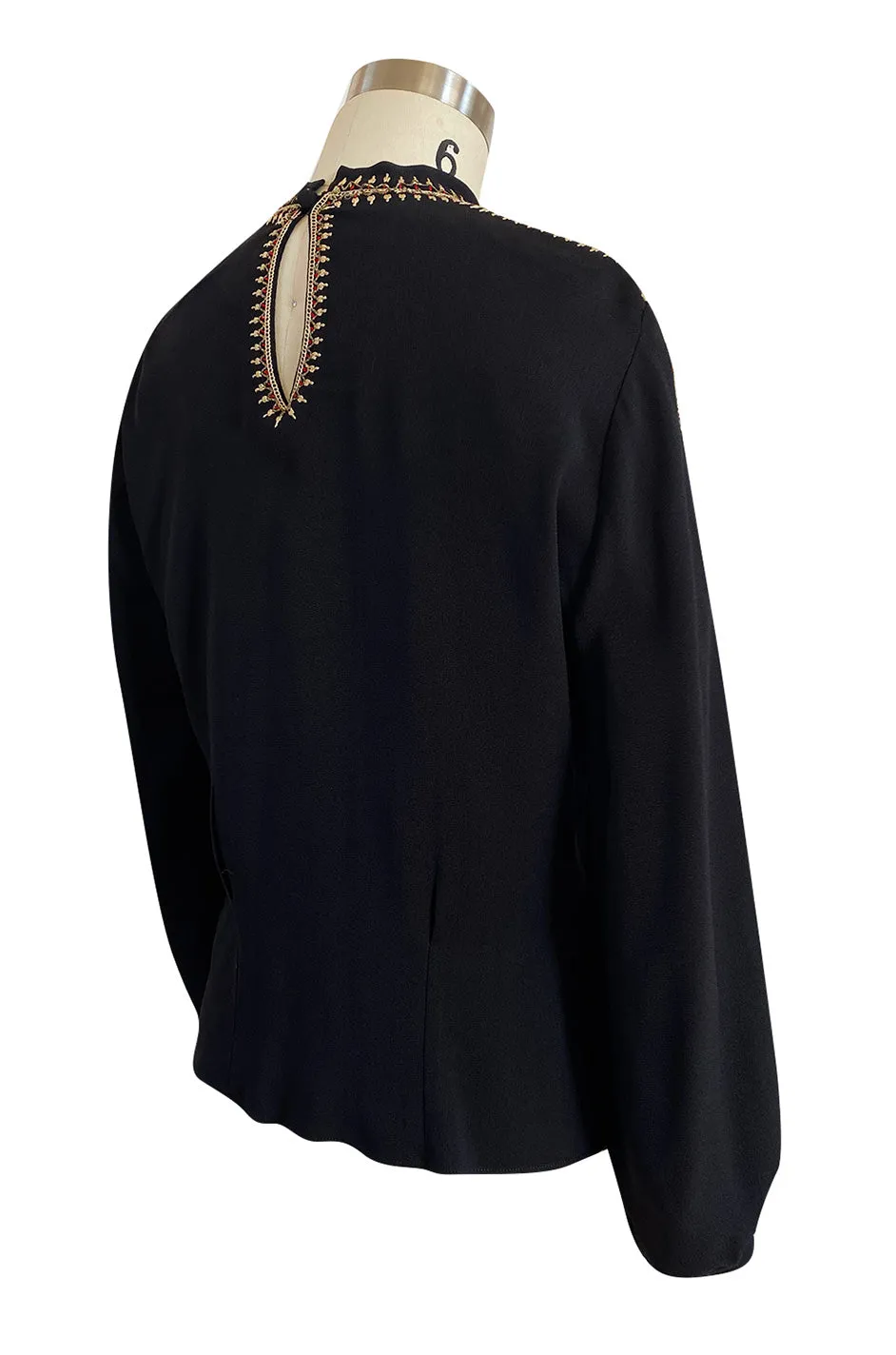 Stunning 1940s Black Silk Crepe Top w Extensive Hand Embroidered Neckline & Sleeves