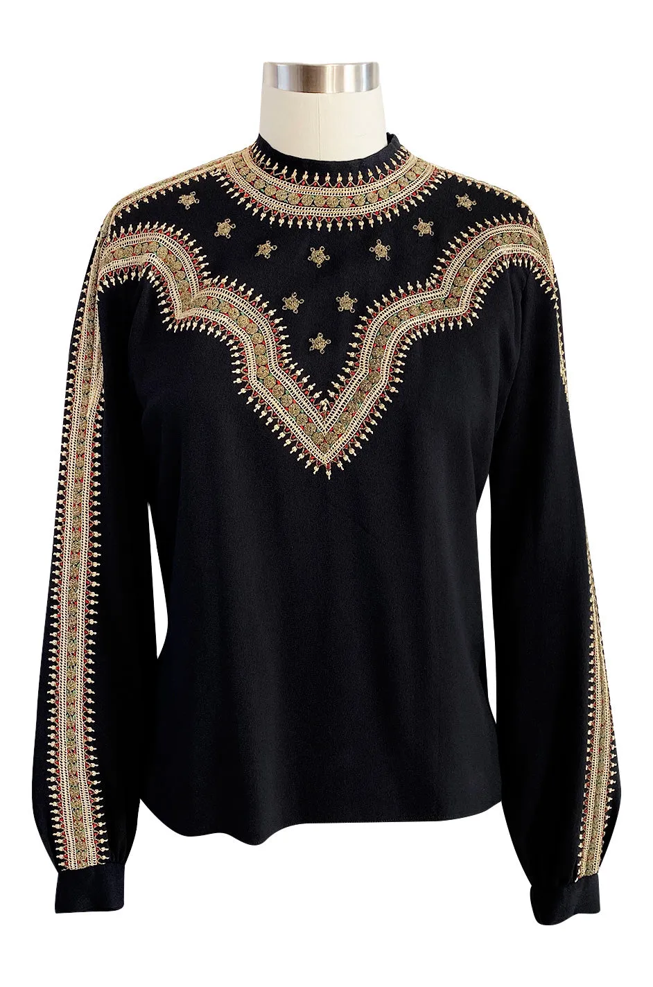 Stunning 1940s Black Silk Crepe Top w Extensive Hand Embroidered Neckline & Sleeves