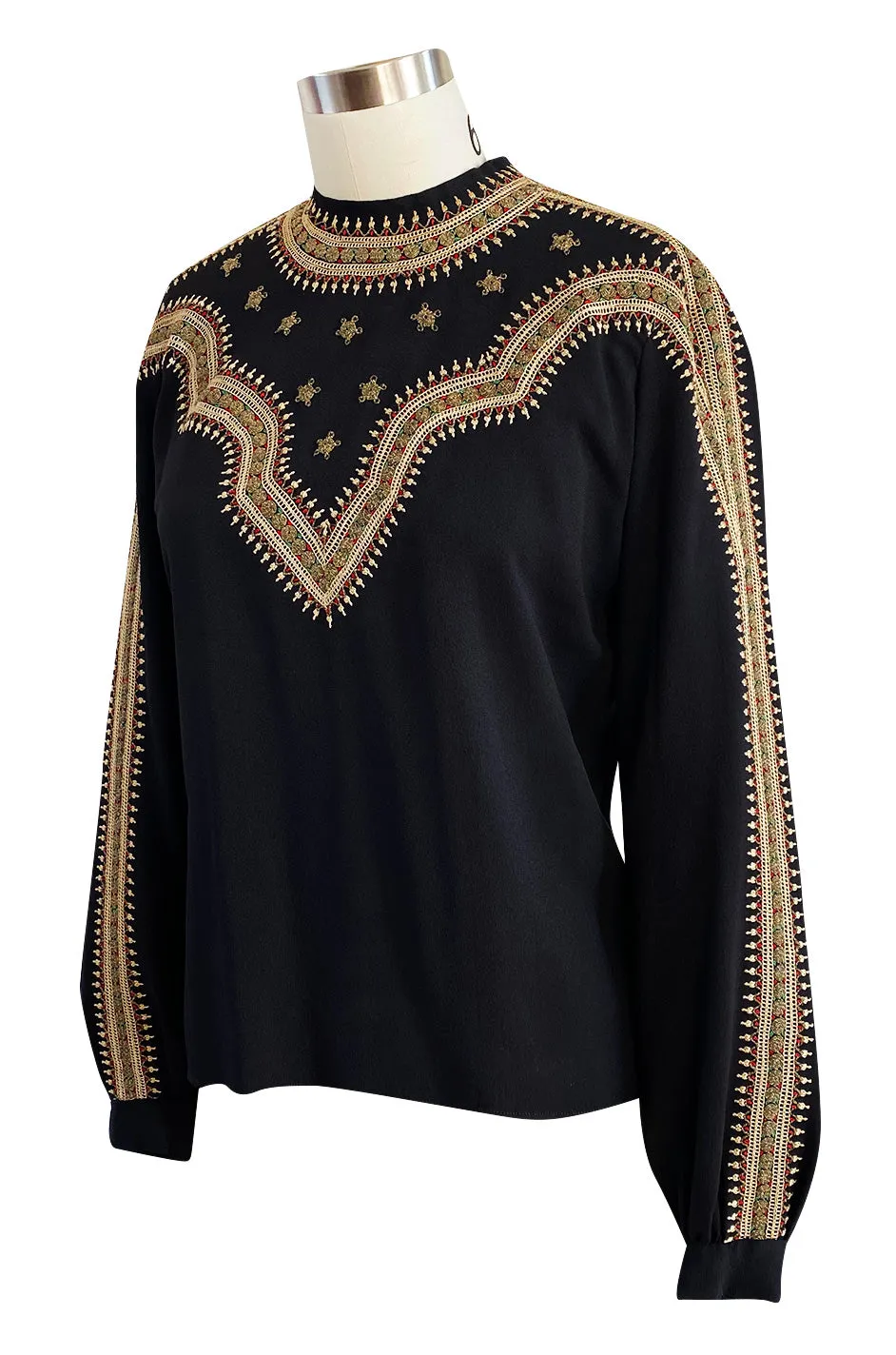 Stunning 1940s Black Silk Crepe Top w Extensive Hand Embroidered Neckline & Sleeves