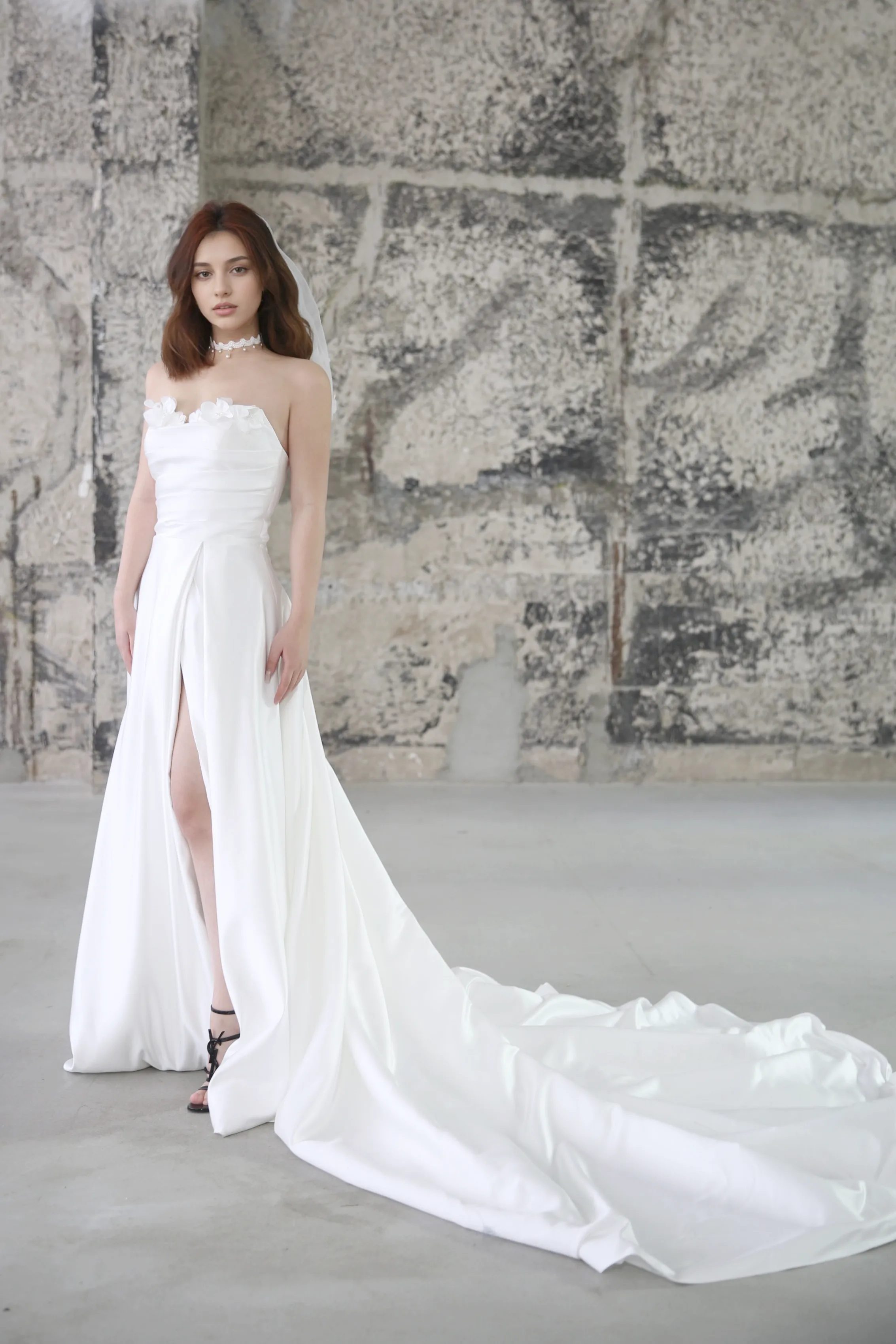 Style E2407 - Strapless 3D floral fine Satin thigh slit A-line modern wedding dress