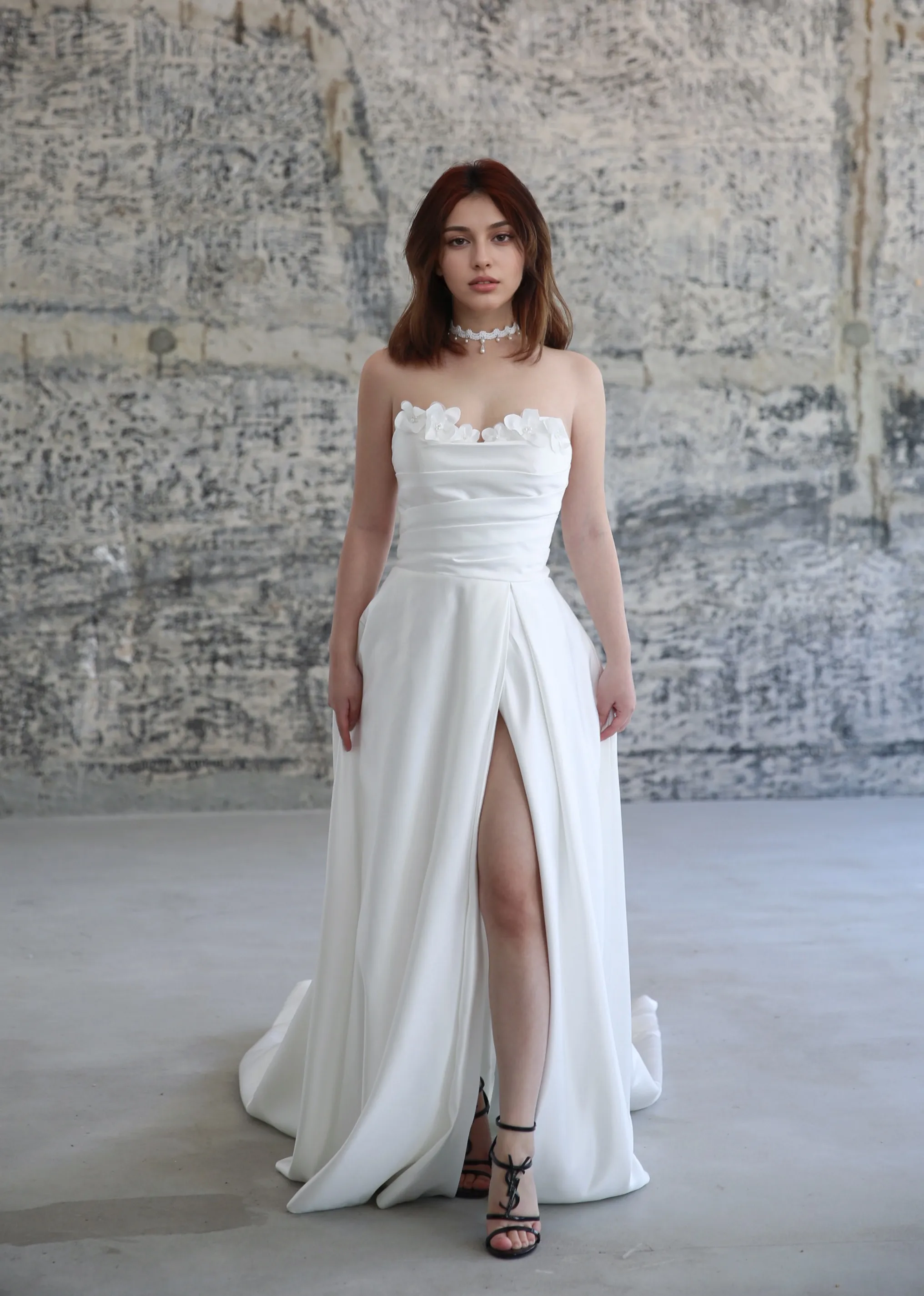 Style E2407 - Strapless 3D floral fine Satin thigh slit A-line modern wedding dress