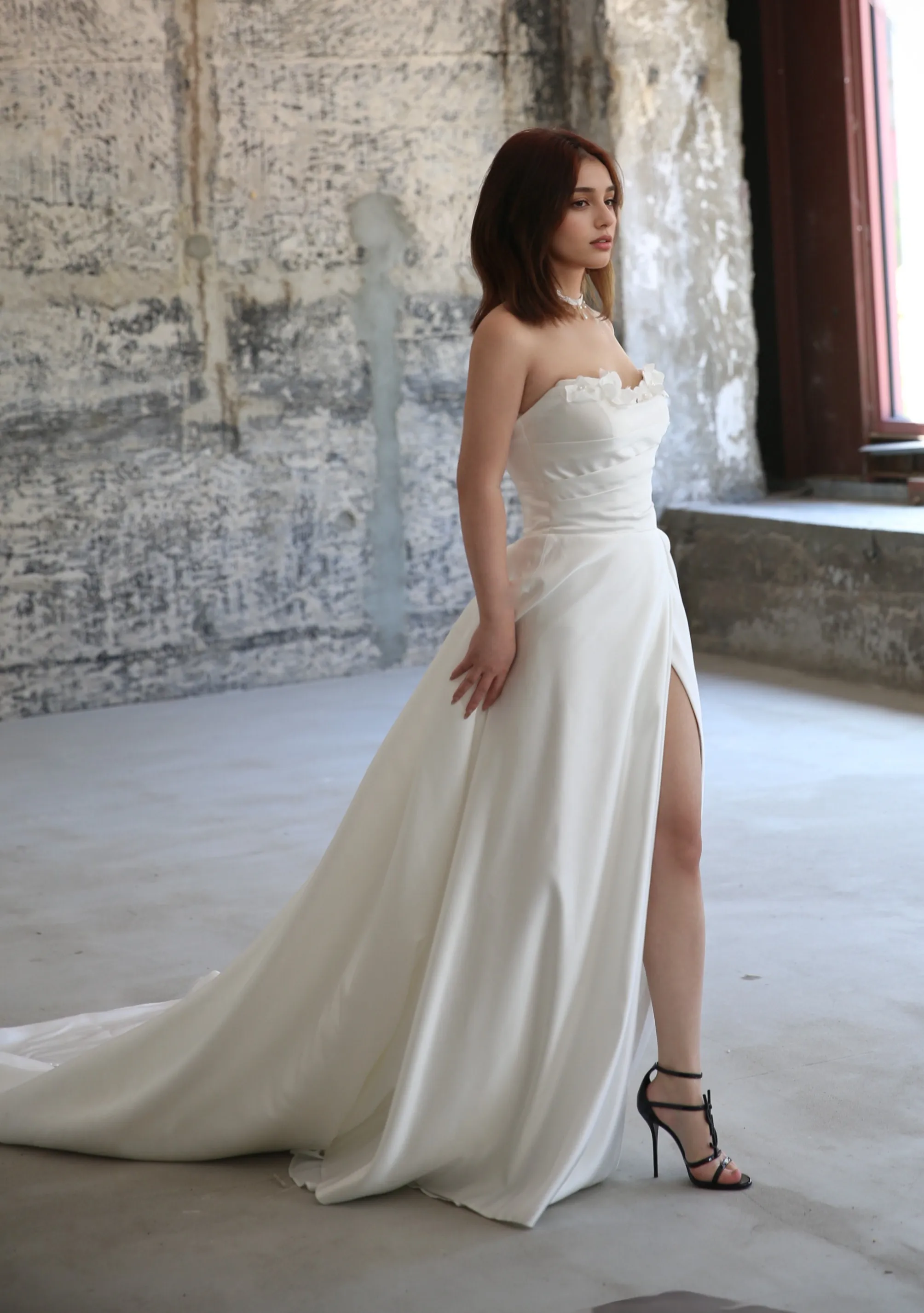 Style E2407 - Strapless 3D floral fine Satin thigh slit A-line modern wedding dress