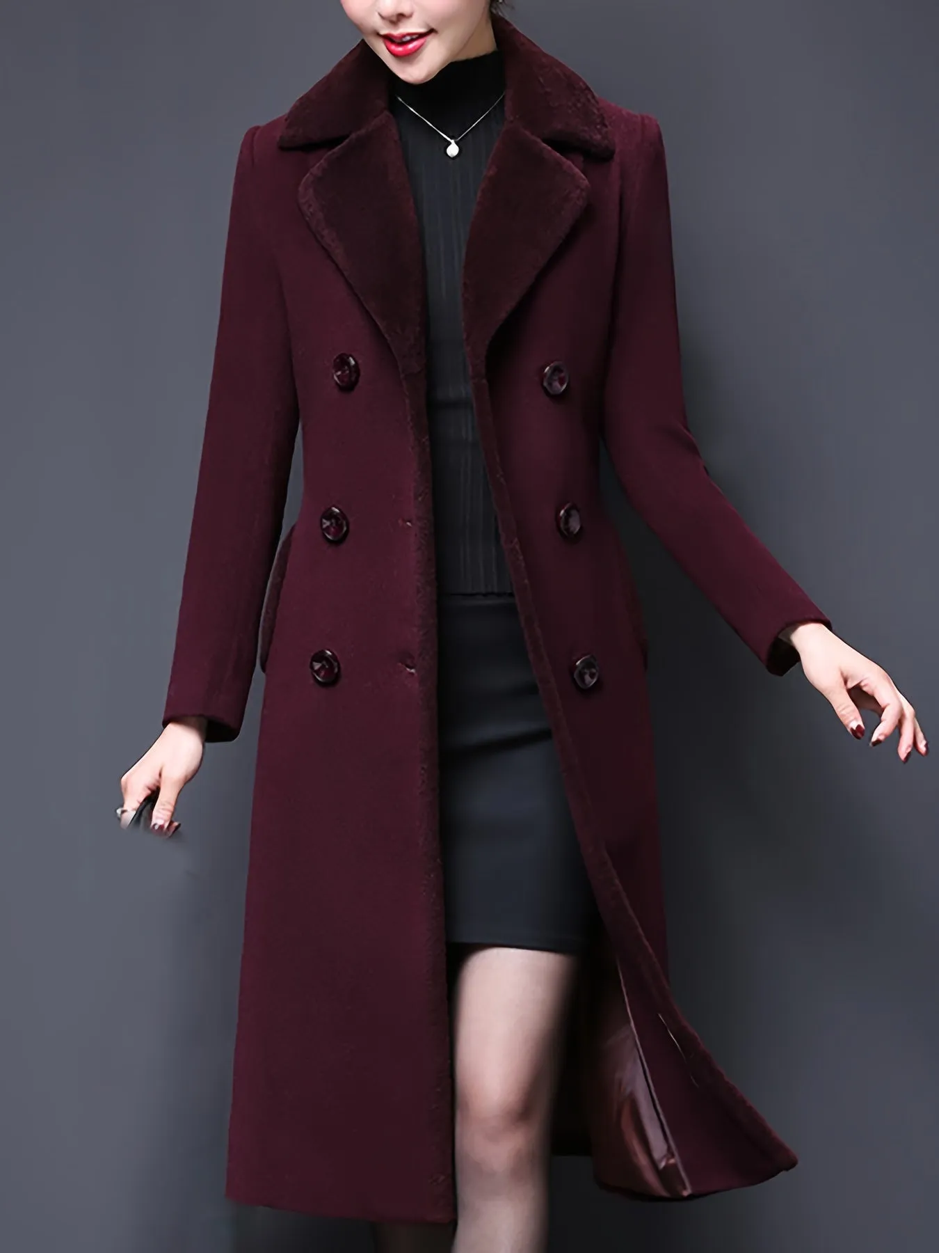 Stylish Double-Breasted Notched Lapel Midi Pea Coat Jacket for Women - Classic Winter Coat with Flattering Fit, Soft Fabric, and Chic Design - Perfect for Daily Wear, Work, or Special Occasions