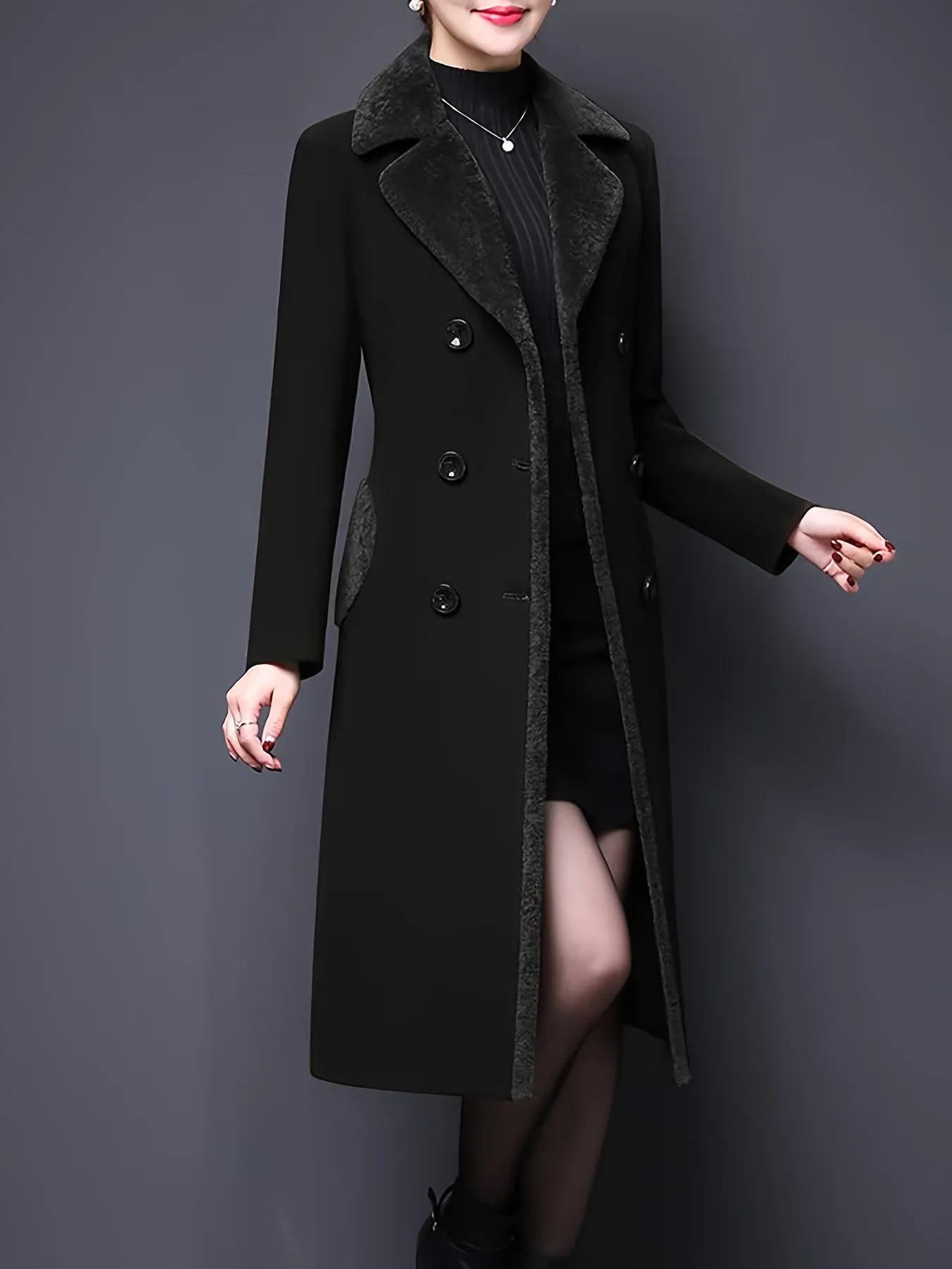 Stylish Double-Breasted Notched Lapel Midi Pea Coat Jacket for Women - Classic Winter Coat with Flattering Fit, Soft Fabric, and Chic Design - Perfect for Daily Wear, Work, or Special Occasions