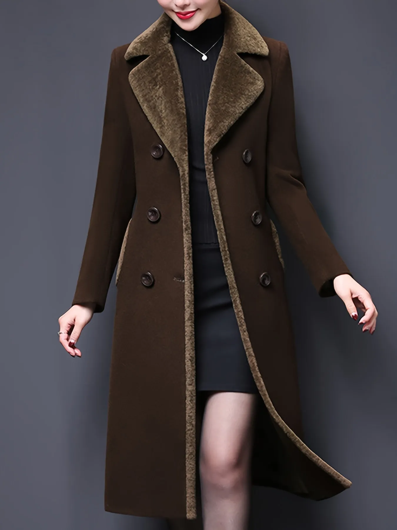Stylish Double-Breasted Notched Lapel Midi Pea Coat Jacket for Women - Classic Winter Coat with Flattering Fit, Soft Fabric, and Chic Design - Perfect for Daily Wear, Work, or Special Occasions