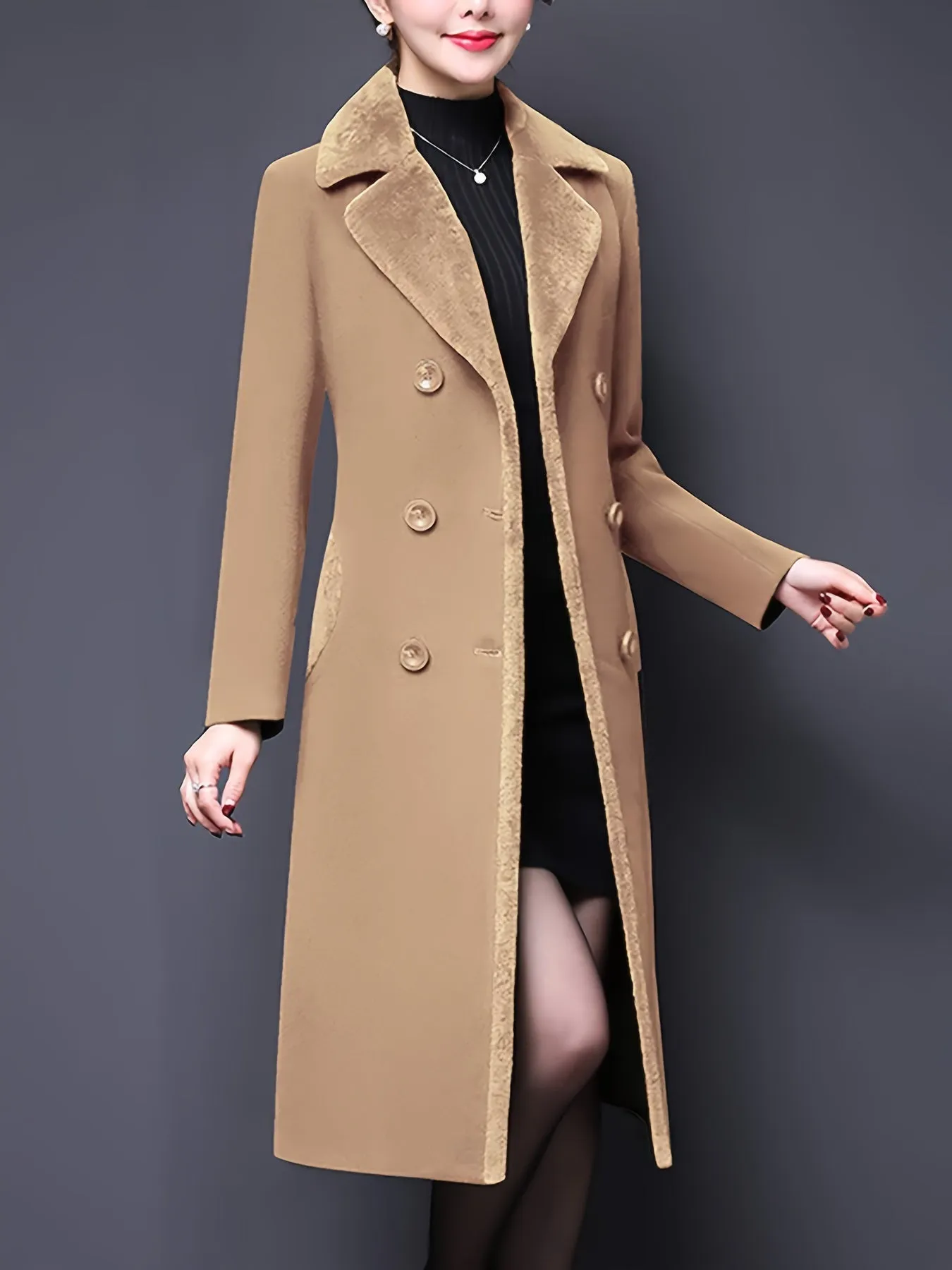 Stylish Double-Breasted Notched Lapel Midi Pea Coat Jacket for Women - Classic Winter Coat with Flattering Fit, Soft Fabric, and Chic Design - Perfect for Daily Wear, Work, or Special Occasions