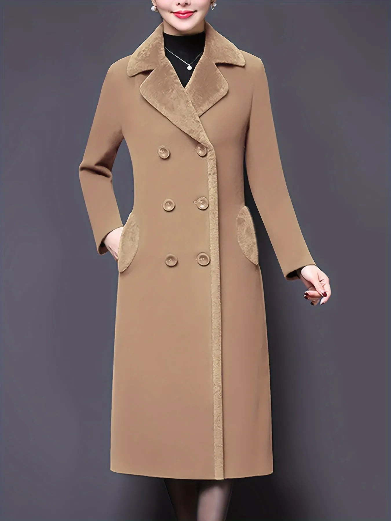 Stylish Double-Breasted Notched Lapel Midi Pea Coat Jacket for Women - Classic Winter Coat with Flattering Fit, Soft Fabric, and Chic Design - Perfect for Daily Wear, Work, or Special Occasions