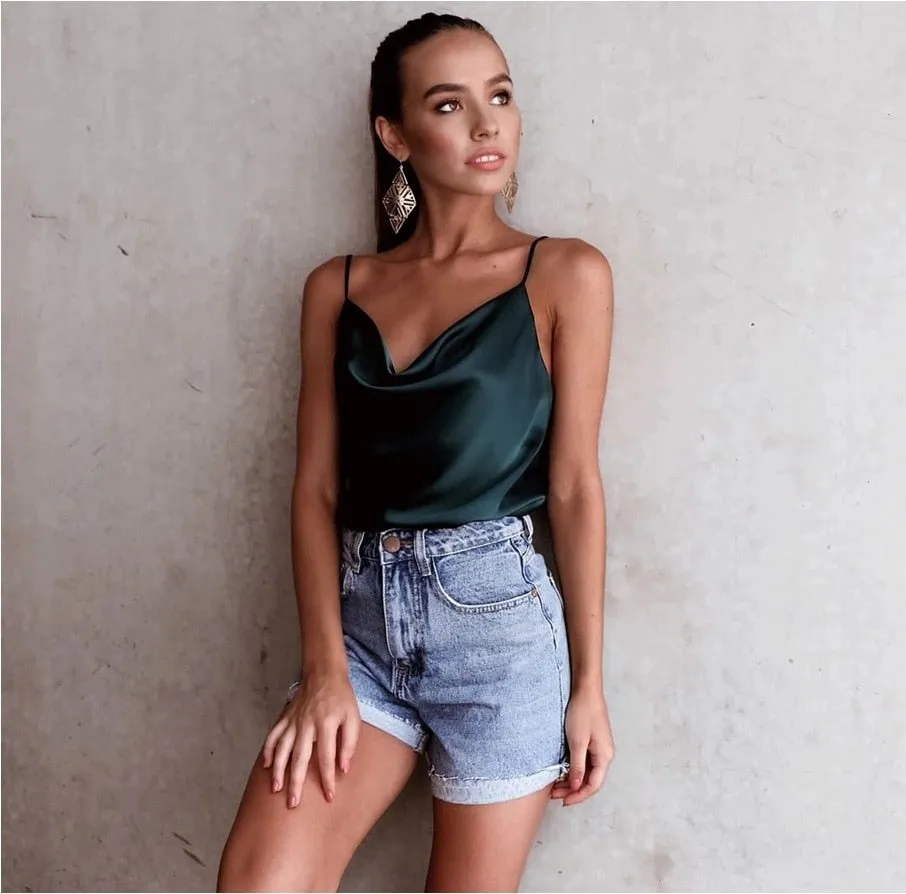 Summer Silk Satin Top With Adjustable Straps Backless Sexy Tops