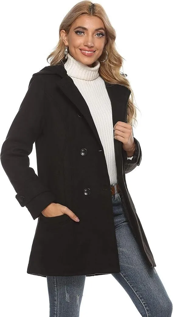 Tanming Women's Warm Double Breasted Wool Pea Coat Trench Coat Jacket- Hood, XXL
