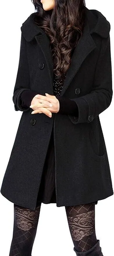 Tanming Women's Warm Double Breasted Wool Pea Coat Trench Coat Jacket- Hood, XXL