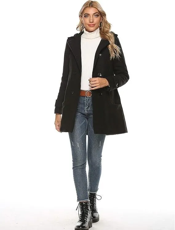 Tanming Women's Warm Double Breasted Wool Pea Coat Trench Coat Jacket- Hood, XXL