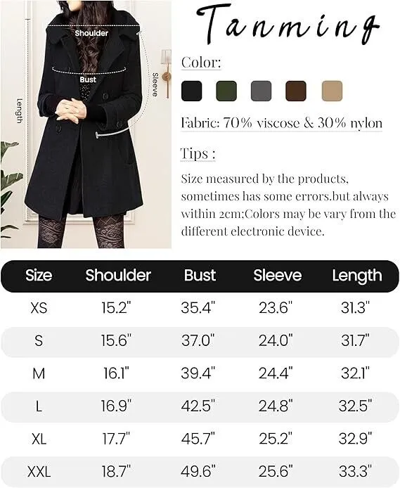 Tanming Women's Warm Double Breasted Wool Pea Coat Trench Coat Jacket- Hood, XXL