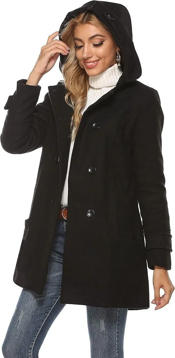 Tanming Women's Warm Double Breasted Wool Pea Coat Trench Coat Jacket- Hood, XXL