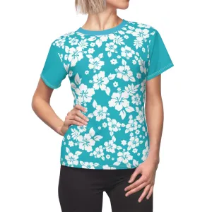 Teal and White Hibiscus Hawaiian Pattern Women's Tee
