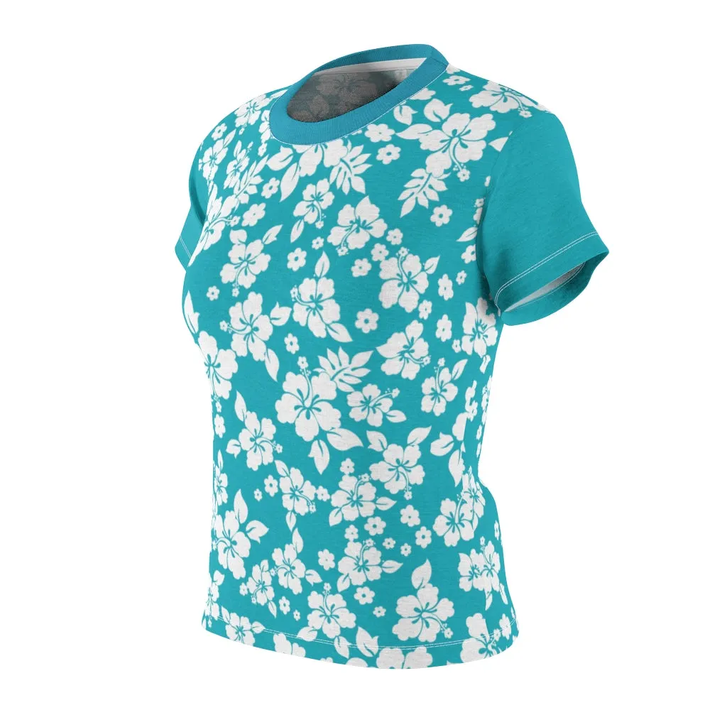 Teal and White Hibiscus Hawaiian Pattern Women's Tee