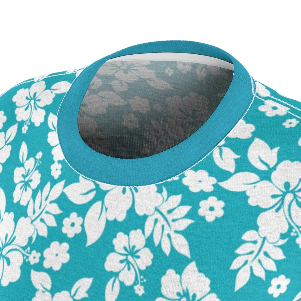 Teal and White Hibiscus Hawaiian Pattern Women's Tee