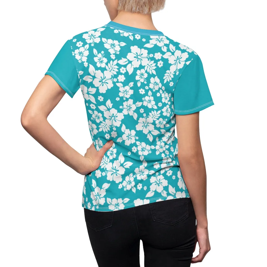 Teal and White Hibiscus Hawaiian Pattern Women's Tee