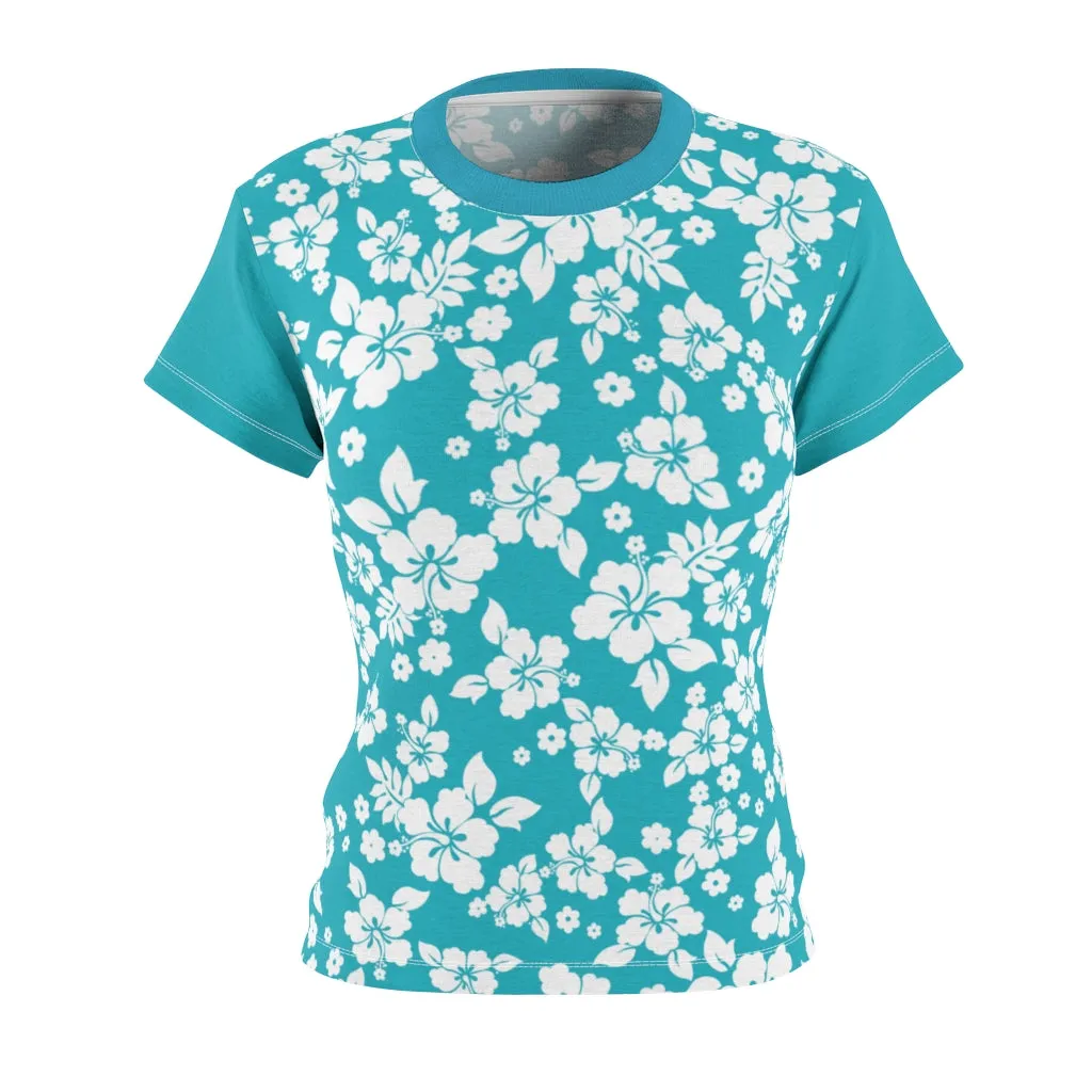 Teal and White Hibiscus Hawaiian Pattern Women's Tee