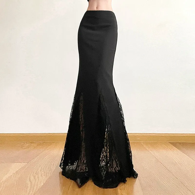 Vintage Black High Waisted Gauze Pleated See-Through A-Line Lace Skirt