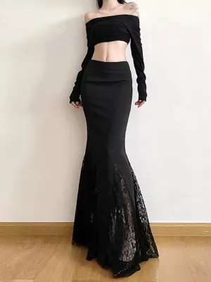 Vintage Black High Waisted Gauze Pleated See-Through A-Line Lace Skirt