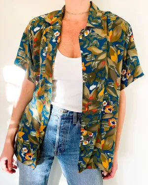 Vintage Olive Aloha Print Blouse