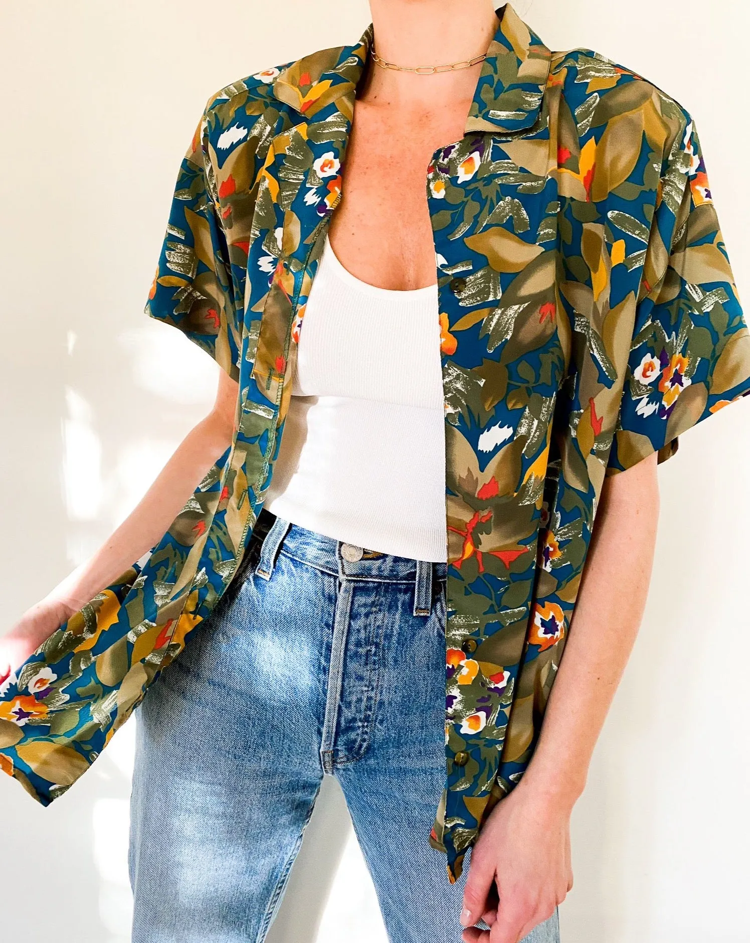 Vintage Olive Aloha Print Blouse