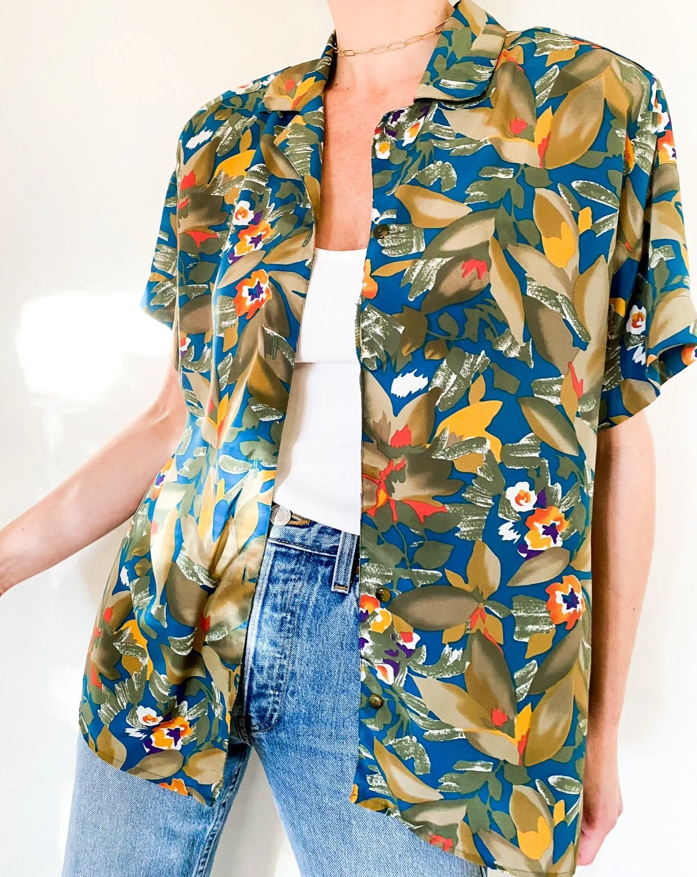 Vintage Olive Aloha Print Blouse