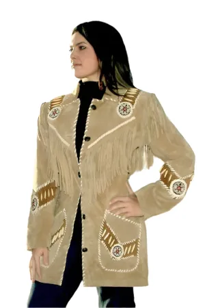 Western Fringe Beige Suede Leather Beaded Jacket for Women Cowgirl WFJ518