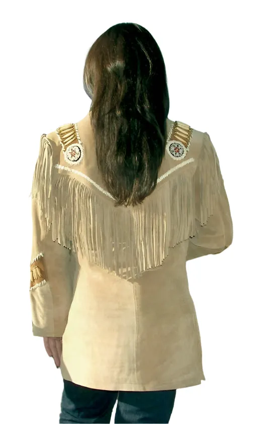 Western Fringe Beige Suede Leather Beaded Jacket for Women Cowgirl WFJ518