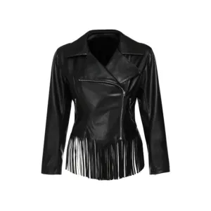 Western Fringe Black Leather Jacket for Women Cowgirl WFJ745