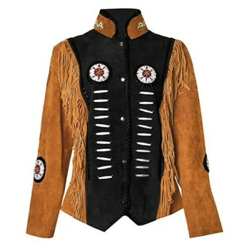 Western Fringe Brown Suede Leather Bone Beaded Jacket for Women WFJ507