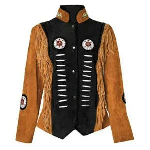 Western Fringe Brown Suede Leather Bone Beaded Jacket for Women WFJ507