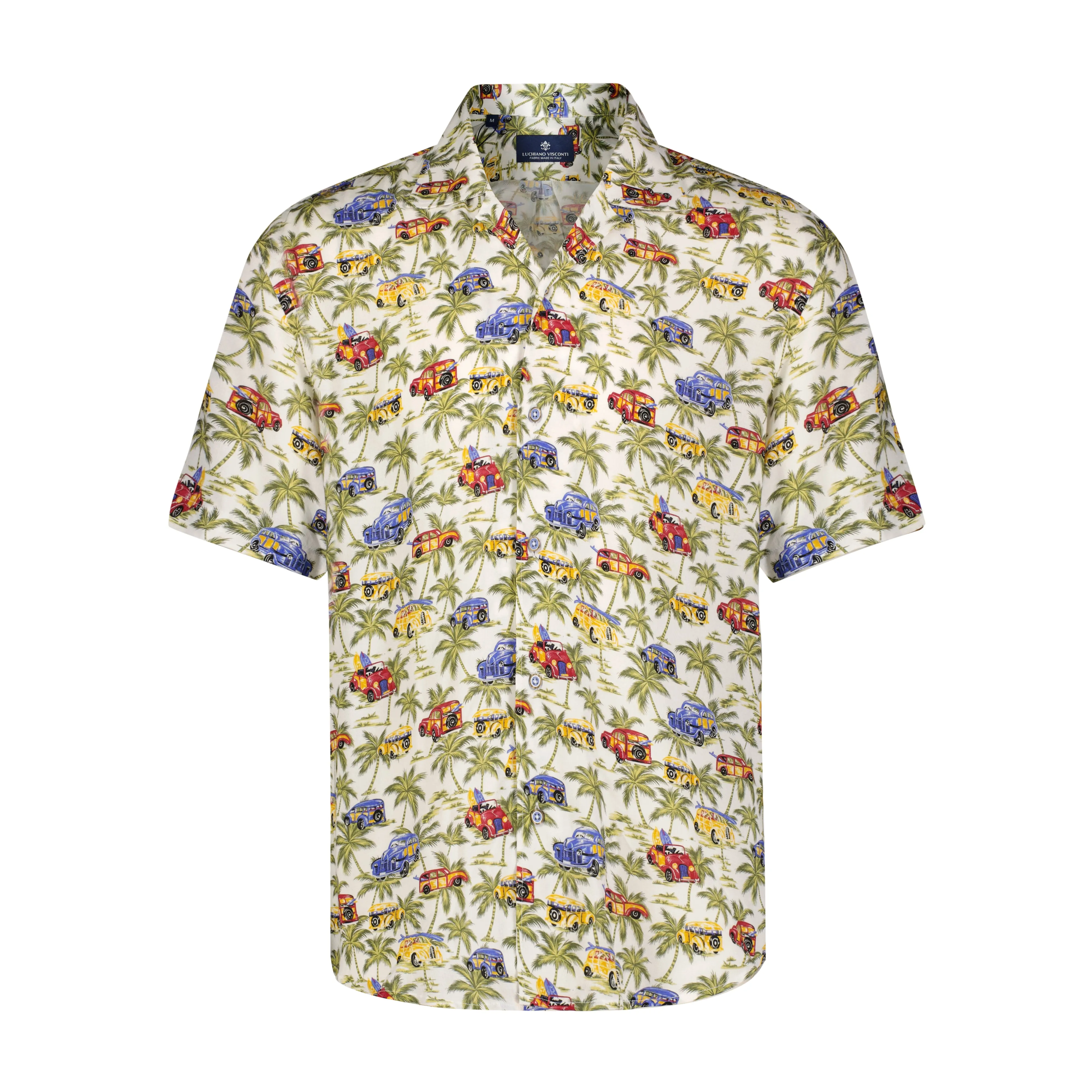 White, Green, and Blue Car Print Short Sleeve Shirt